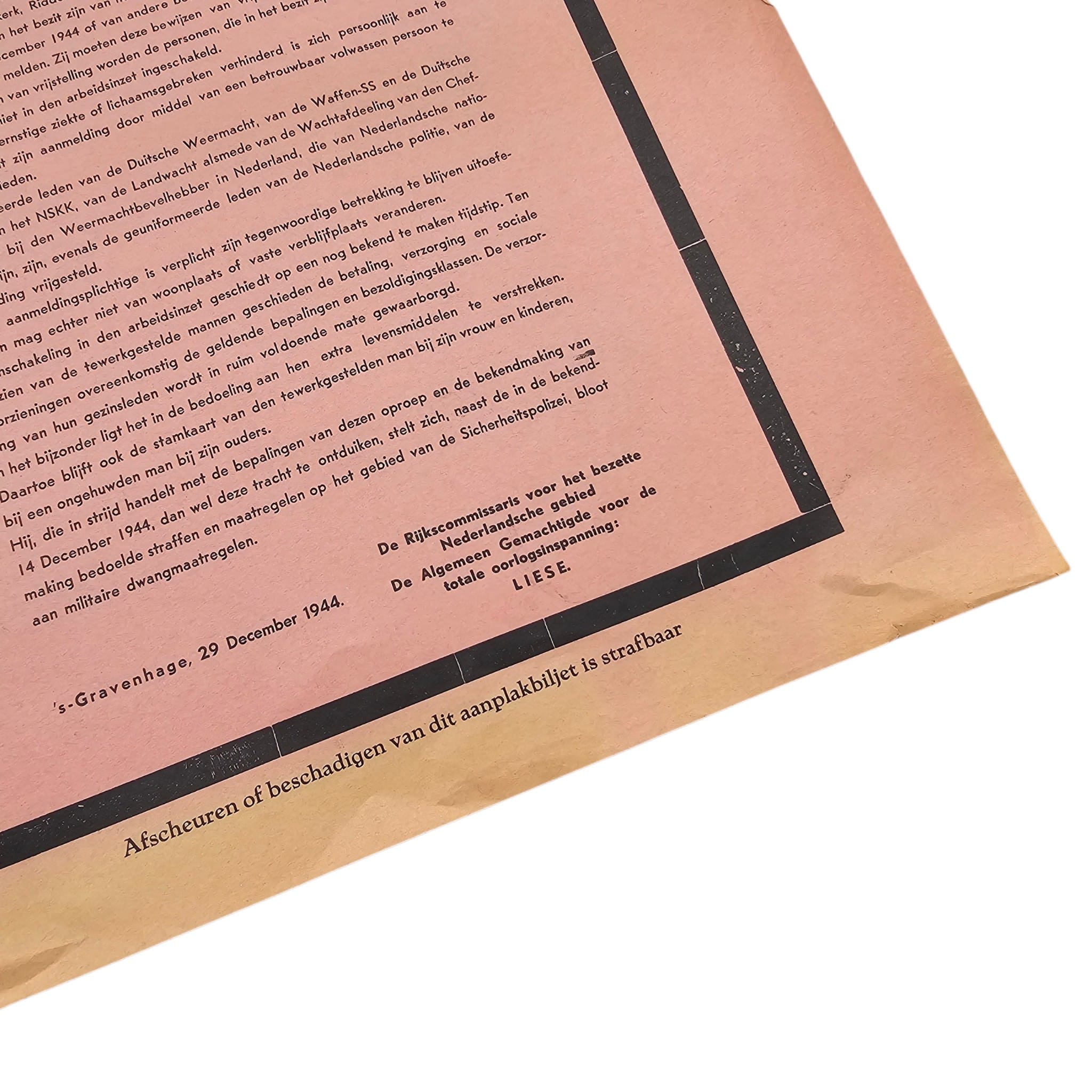 Original WWII German Occupation 'Aufruf Oproep' Arbeitseinsatz Poster – The Hague 29 December 1944 - Afbeelding 5