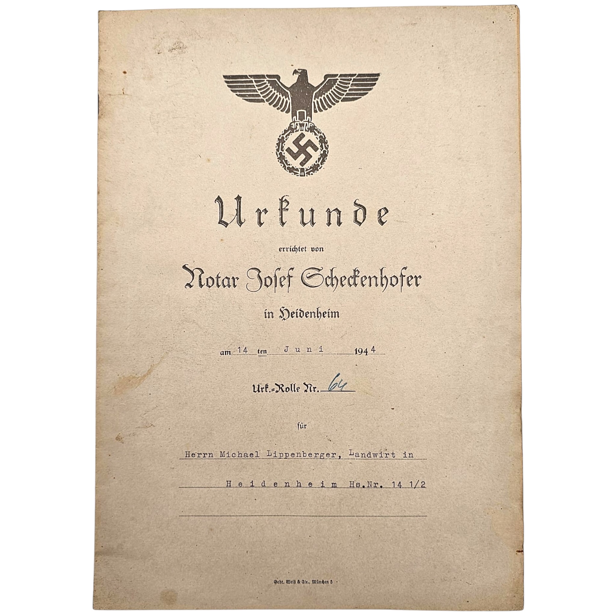 Original 1944 German Notarial Documents, Heidenheim Set - Afbeelding 2