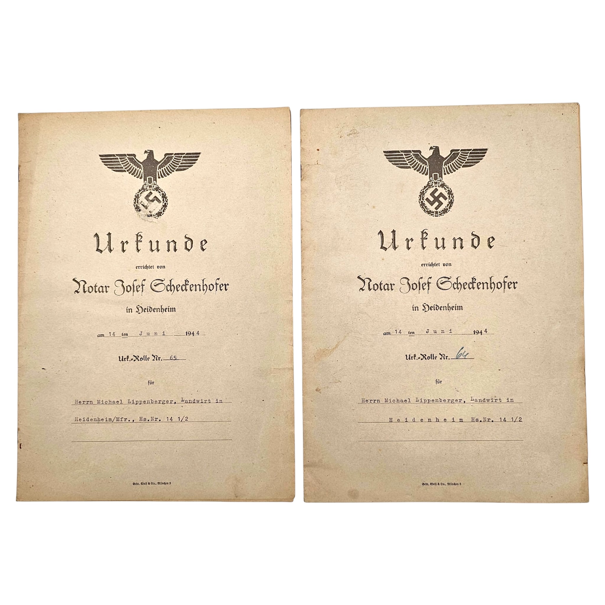Twee originele Duitse notariële Urkunde documenten met Rijksadelaar, Heidenheim 1944