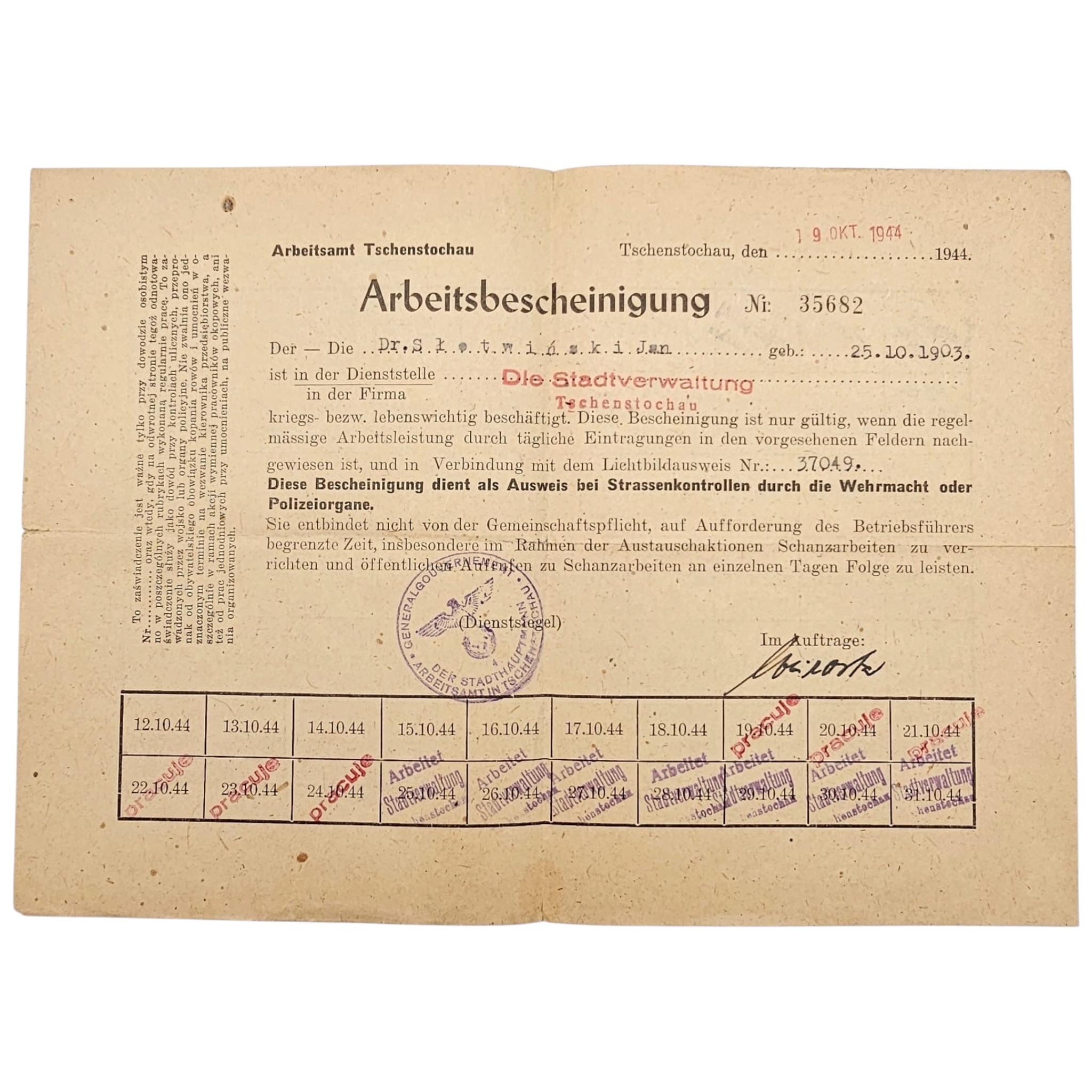Original WWII German Ausweis Set - Occupied Poland 1941-44 - Afbeelding 4