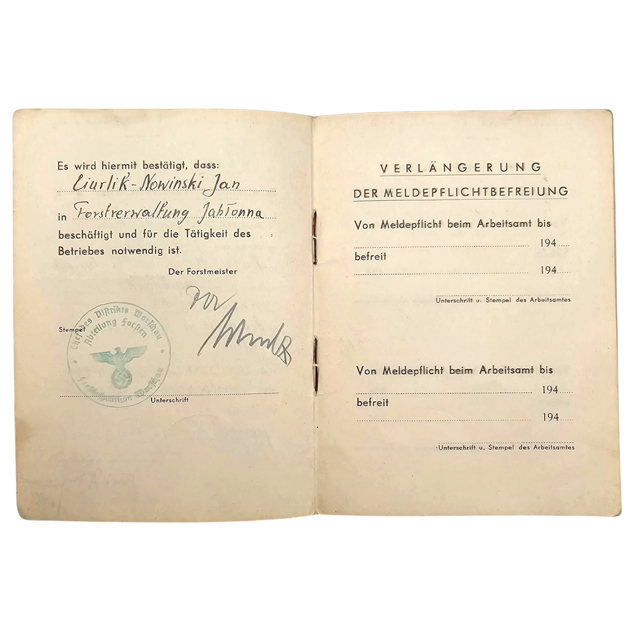Original WWII German Dienstausweis Forestry Official Jablonna in Poland - Afbeelding 4