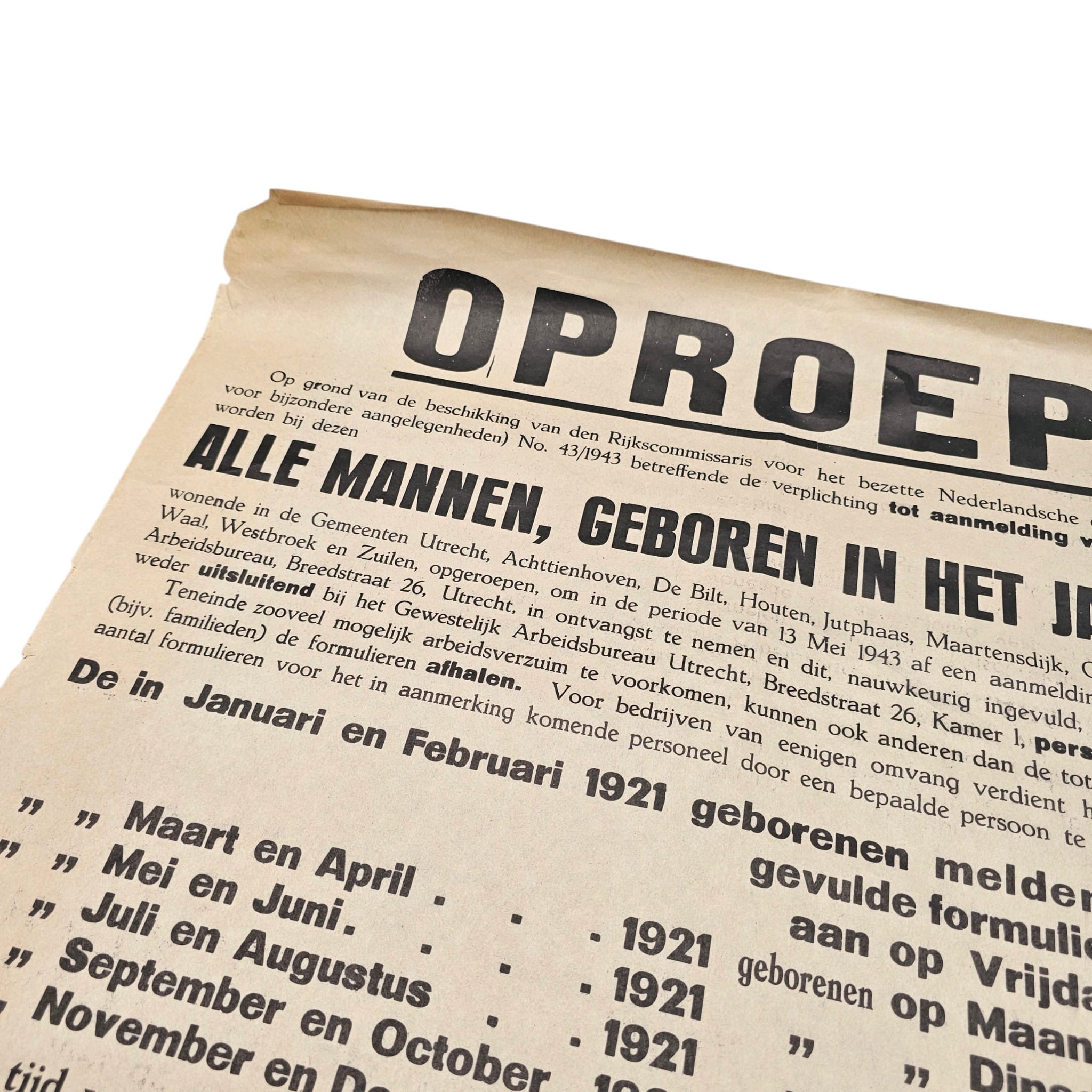 Original WWII Dutch Arbeitseinsatz Registration Poster – Utrecht May 1943 – Men Born 1921 - Afbeelding 3
