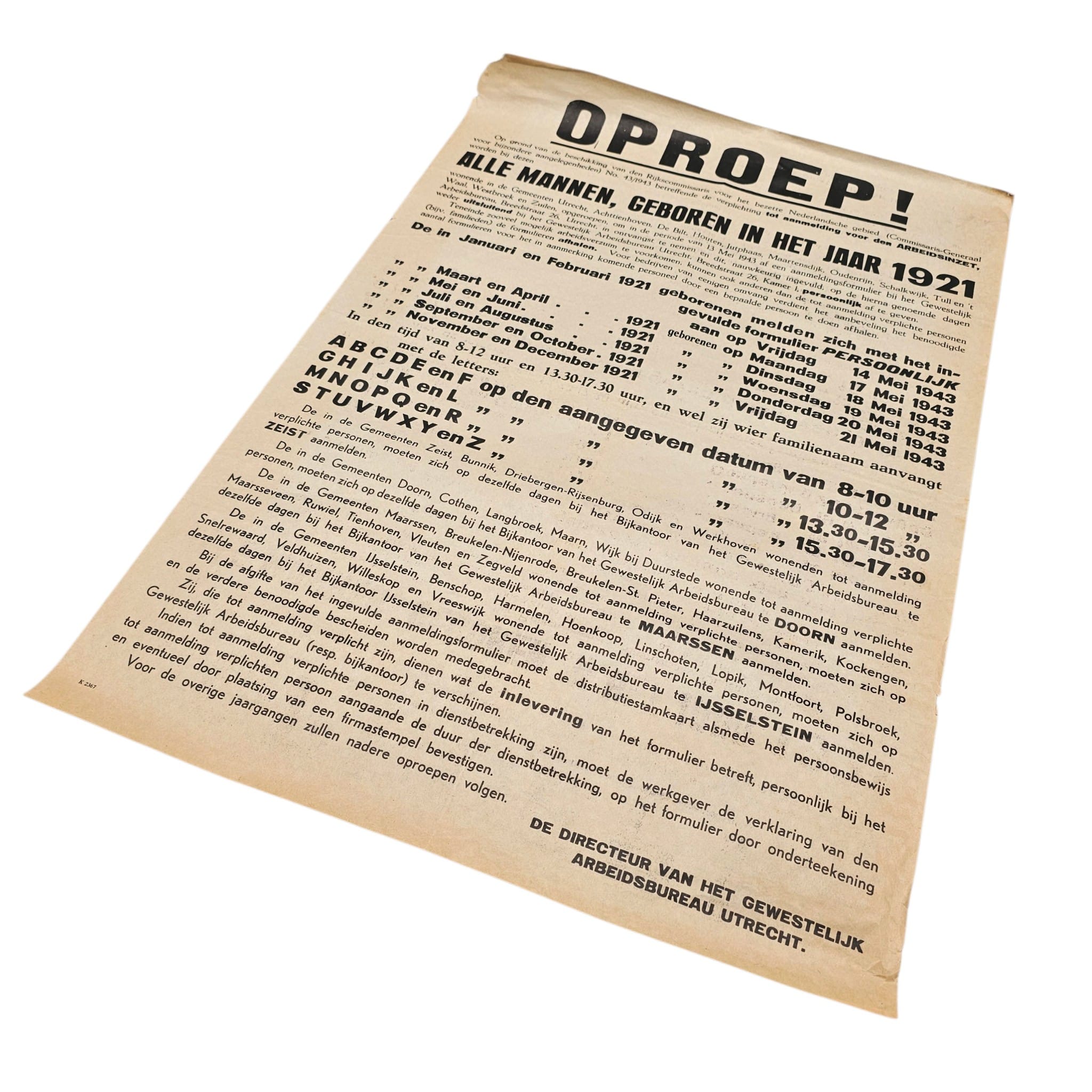 Origineel WWII Nederlands Arbeitseinsatz oproepplakkaat mei 1943 mannen geboren 1921 Gewestelijk Arbeidsbureau Utrecht 79,5 x 55 cm