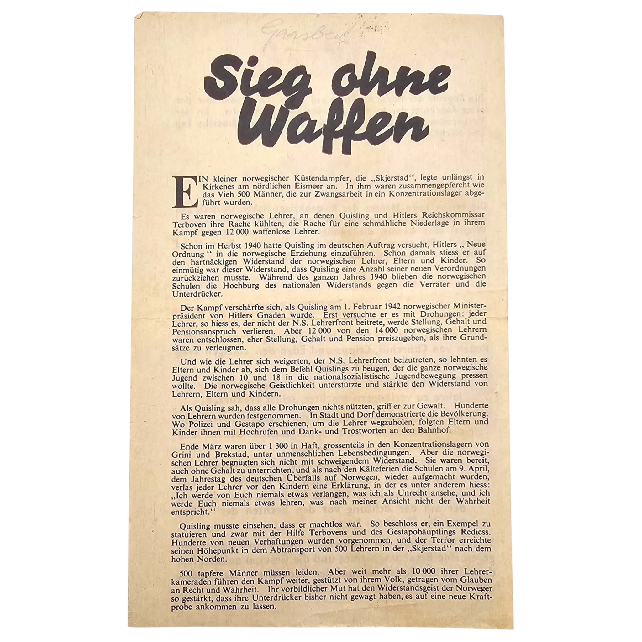Origineel WWII geallieerd propagandapamflet 'Sieg ohne Waffen', voorzijde