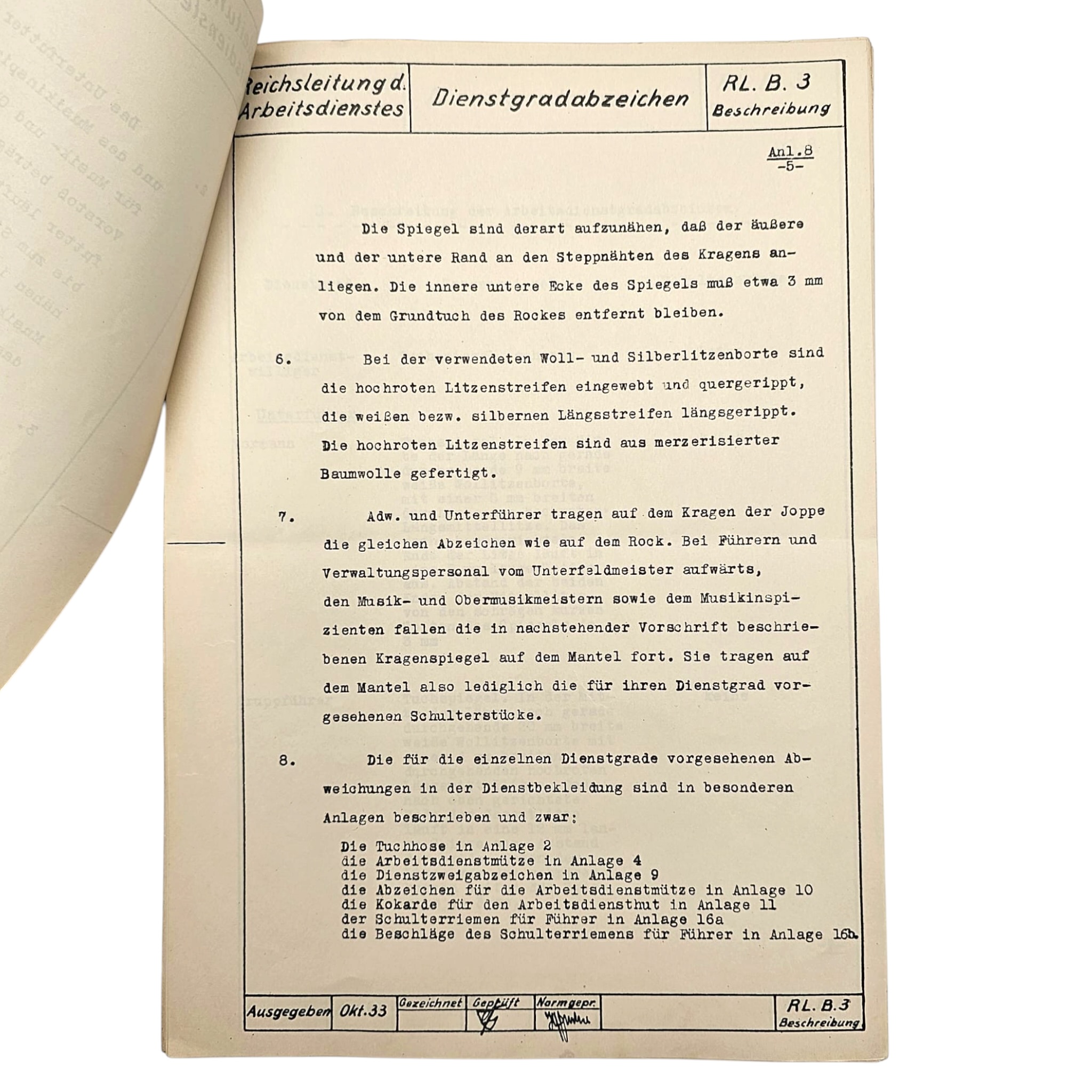 Original 1933 German Arbeitsdienst Uniform Regulations – Dienstgradabzeichen RL.B.3 – Reichsleitung des Arbeitsdienstes