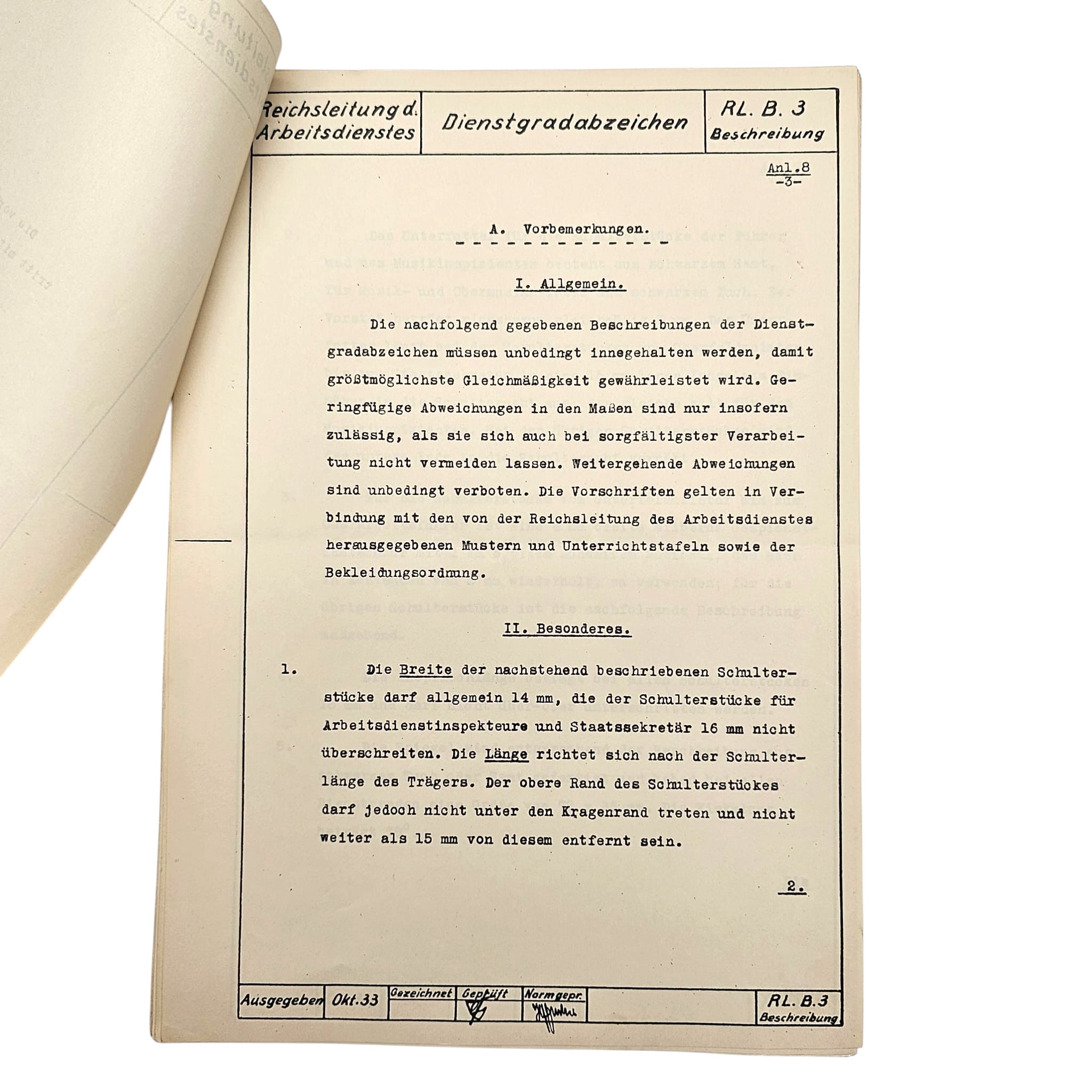 Original 1933 German Arbeitsdienst Uniform Regulations – Dienstgradabzeichen RL.B.3 – Reichsleitung des Arbeitsdienstes