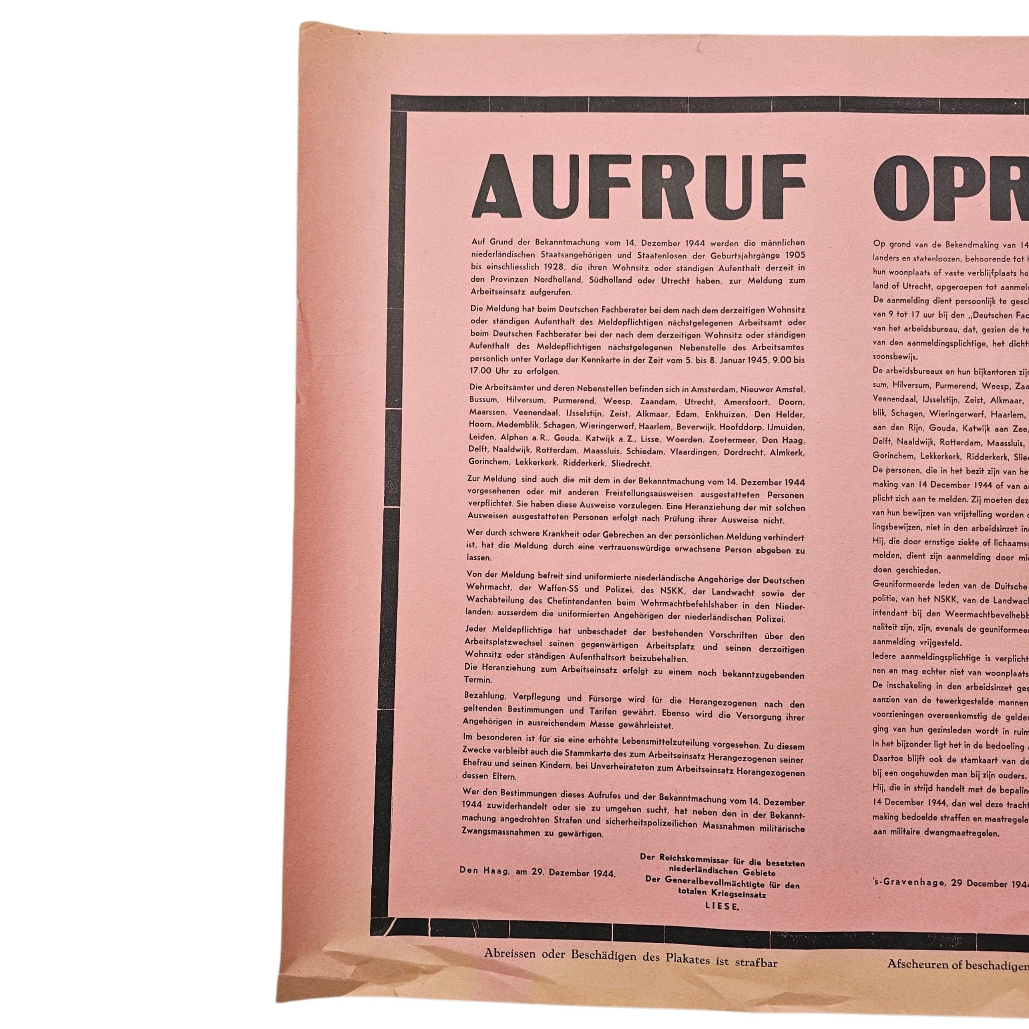 Original WWII German Occupation 'Aufruf Oproep' Arbeitseinsatz Poster – The Hague 29 December 1944